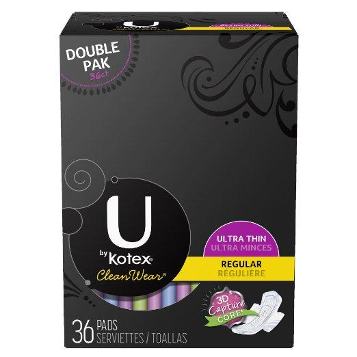 U by Kotex CleanWear Ultra Thin Regular Pads with Wings, 36 Count