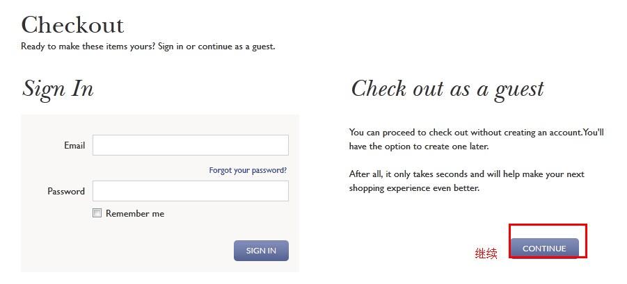 在出来的页面，选择右侧继续，以访客身份进行结账。不需要登陆或者注册。