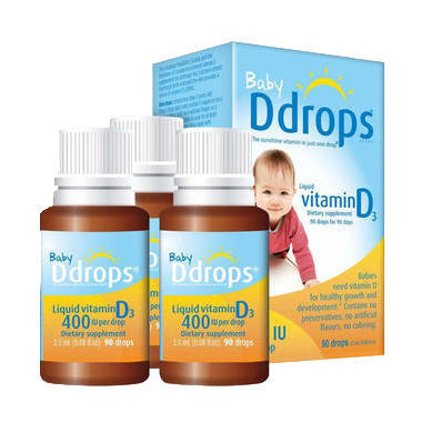 【美国Babyhaven】【3件装】Ddrops 婴儿维生素D3滴剂 90滴/瓶 400IU