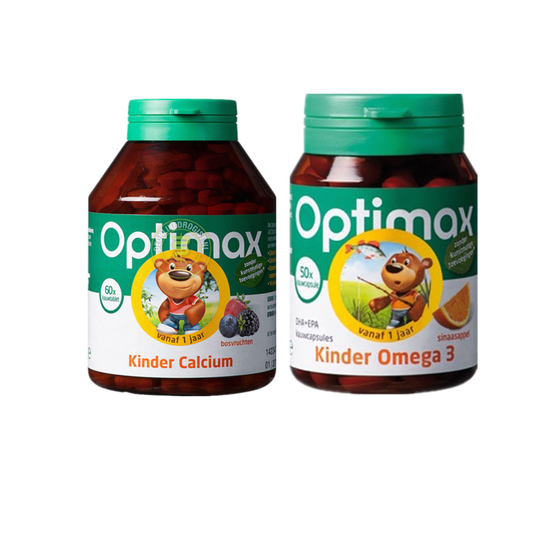 【荷兰DOD】Optimax 儿童果味补钙咀嚼片 60片+儿童深海鱼油Omega3/维生素E软胶囊 50粒 （1-10岁适用）（